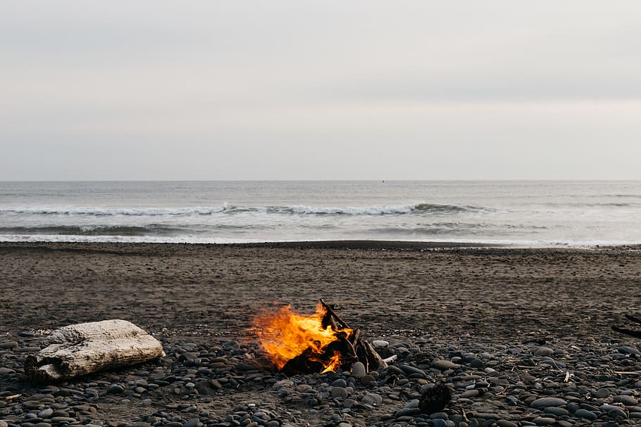 burning, flame, fire, sea, fire - natural phenomenon, water, HD wallpaper