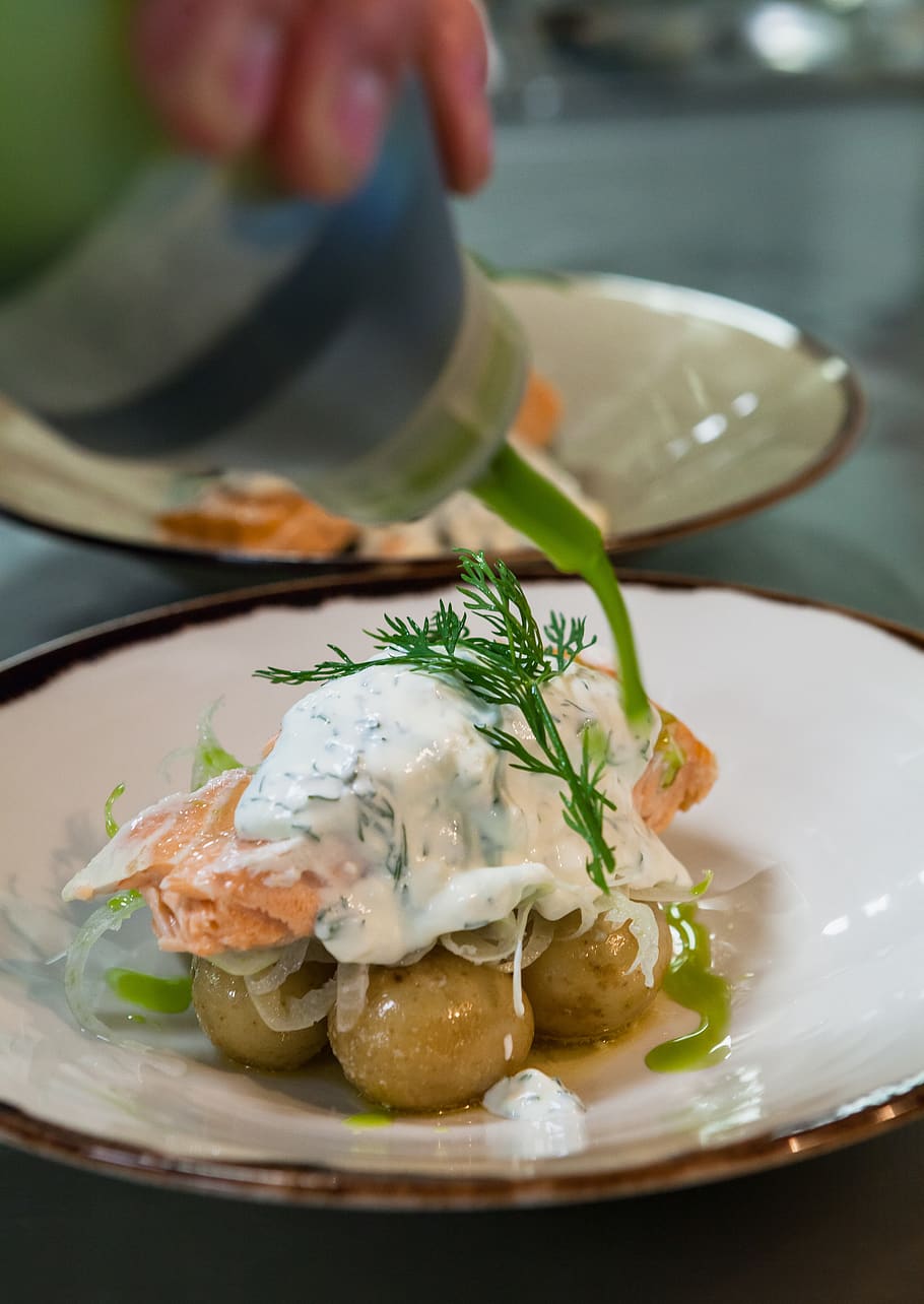 salmon, dish, plate, dill, potatos, lunch, dinner, fish, food HD wallpaper