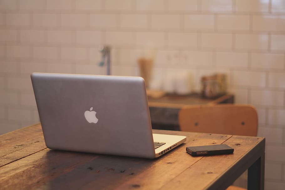 silver MacBook, indoors, table, wood - material, wireless technology HD wallpaper