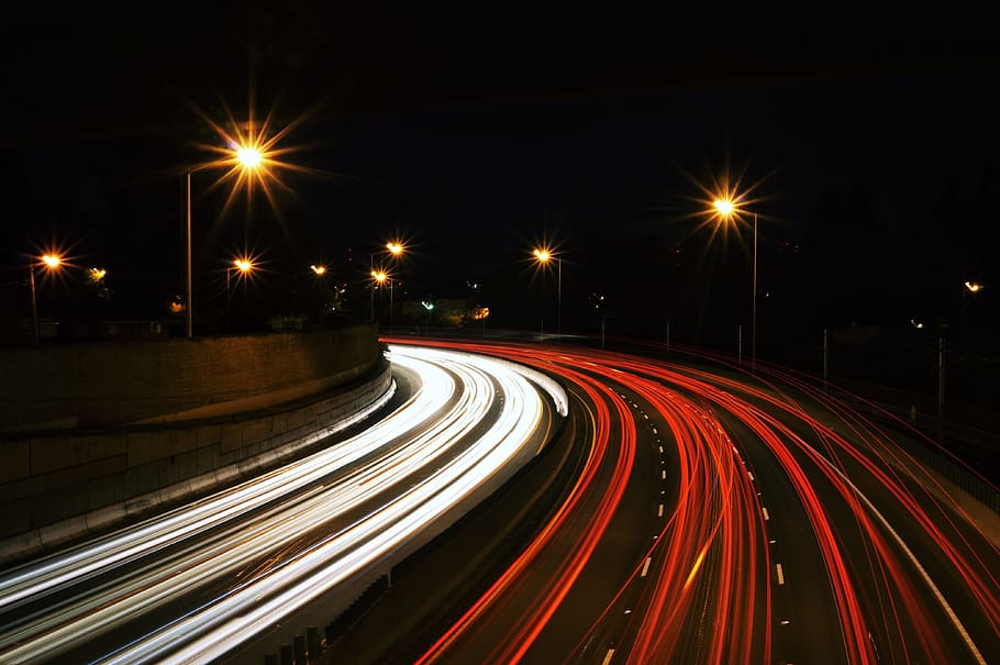 light, road, traffic, night, highway, evening, line, darkness HD wallpaper