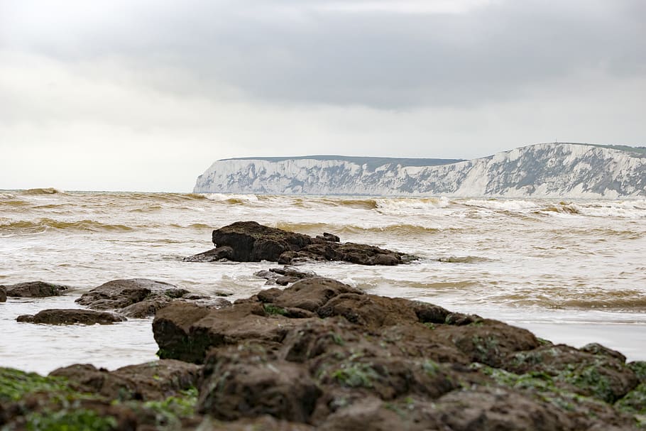 rocks, cliffs, sea, beach, waves, sand, seaweed, rock - object HD wallpaper