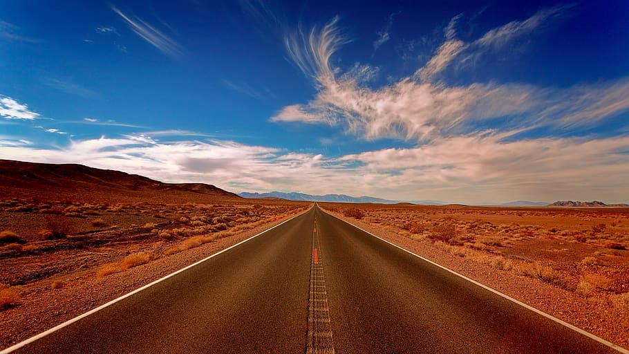 Gray Concrete Road, arid, asphalt, clouds, dawn, desert, dry HD wallpaper