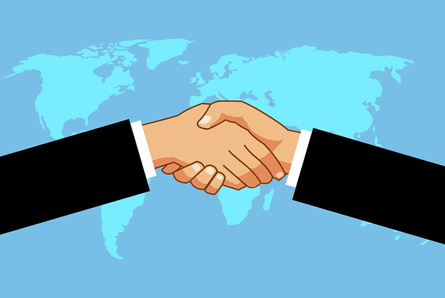 Illustration of hands shaking in agreement of business deal.
