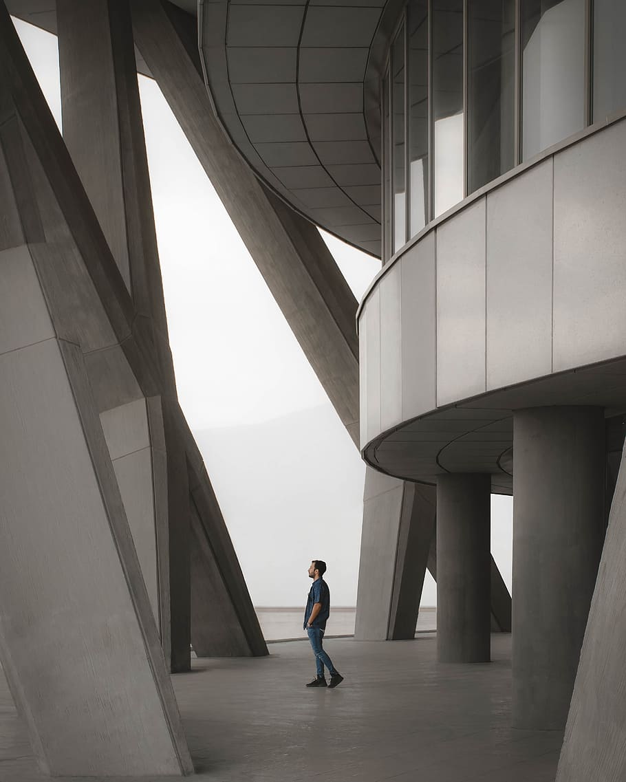 man wearing blue shirt, person, building, walk, architecture HD wallpaper