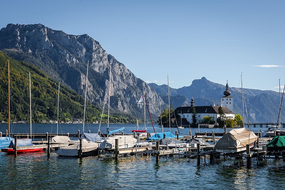 gmunden, traunsee, austria, alpine, castle venue, sea castle place, HD wallpaper