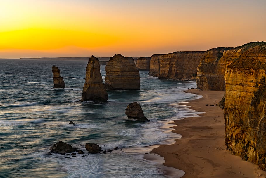 rock formations in ocean, sunset, sky, sea, water, rock - object HD wallpaper
