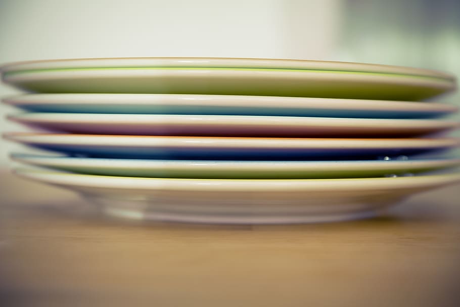 Orange Blue and Green Ceramic Plate, depth of field, plates, stack HD wallpaper