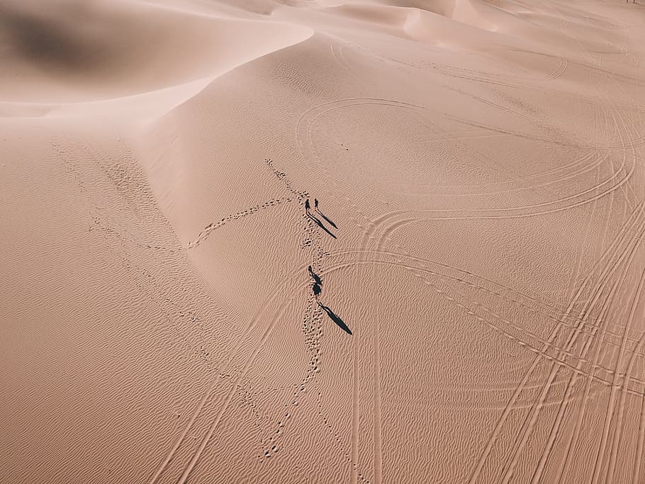 HD aerial view of desert, drone view, person, sand, dune, hike, walk | Flare