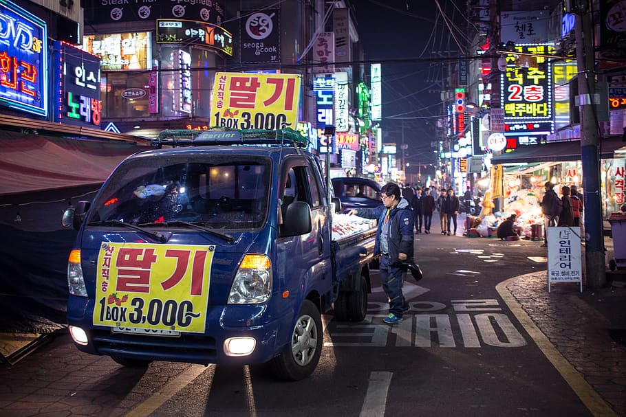 south korea, seoul, lights, truck, market, asia, neon, city, HD wallpaper