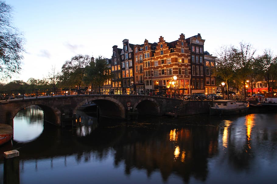 netherlands, amsterdam, lights, night, canals, bicyles, bridge HD wallpaper