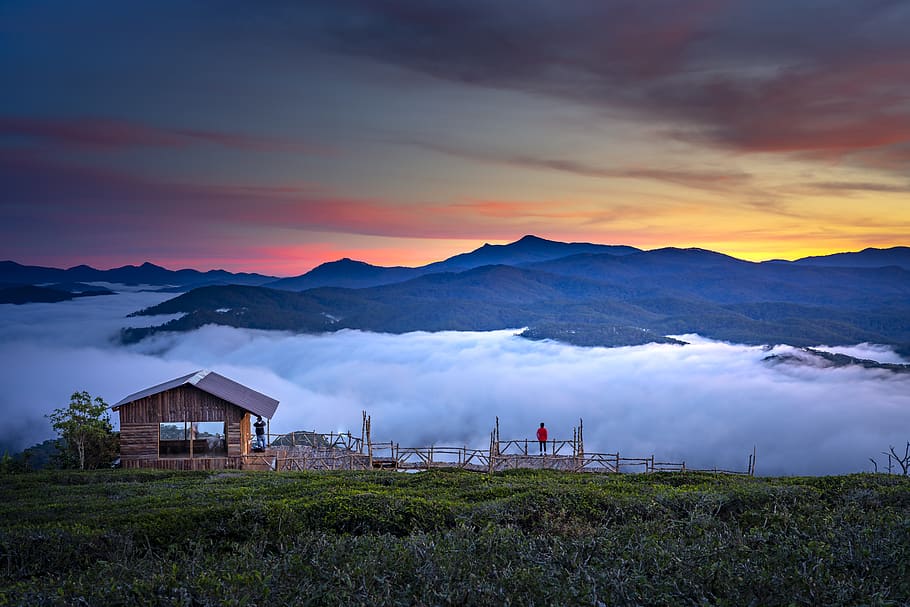 Brown Wooden Cabin With View Of Mountains, backlit, clouds, dawn
