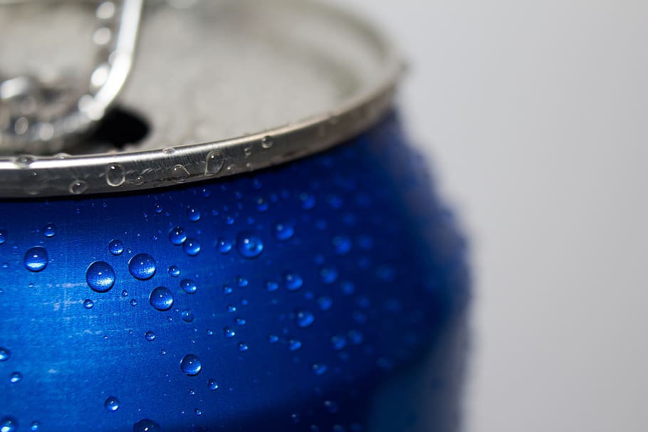can, wet, drops, beer, the drink, macro, closeup, blue, close-up HD wallpaper