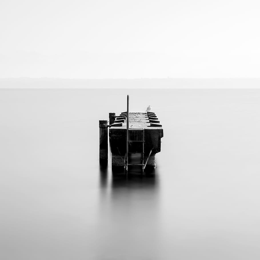 black steel bracket, black and white, long exposure, river, lake, HD wallpaper