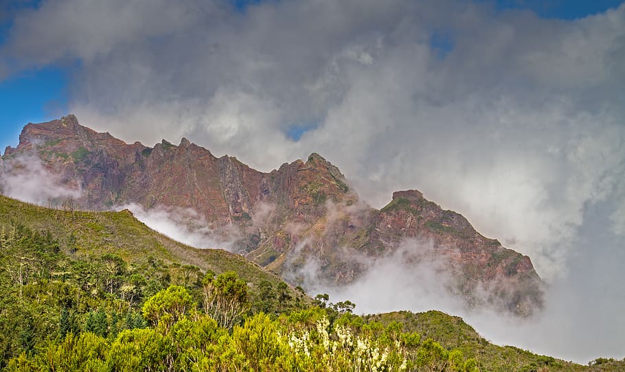 mountain, rock, cloud formation, vegetation, madeira, fog, cloud - sky HD wallpaper