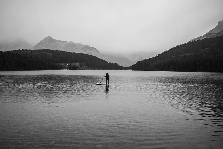canada, two jack lake, water, one person, mountain, waterfront HD wallpaper