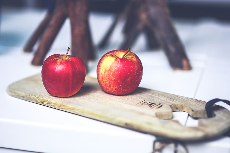 Two apples on the board, blur, bright, delicious, diet, food HD wallpaper