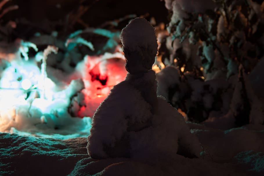canada, coldstream, statue, backlit, low light, snow, one person HD wallpaper