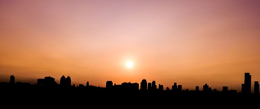 panorama, line, shape, orange, urban, building, sunset, landscape HD wallpaper