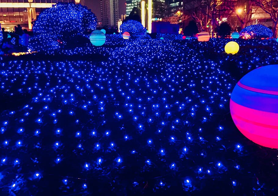 lighting, crowd, sphere, urban, festival, night life, building HD wallpaper