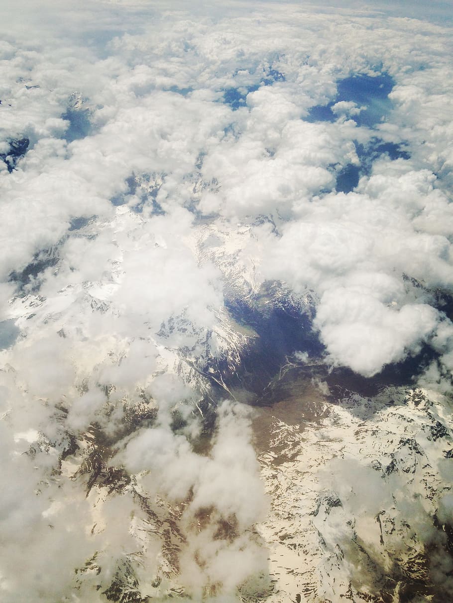 aerial photography of clouds, snow, mountain, mountain range HD wallpaper