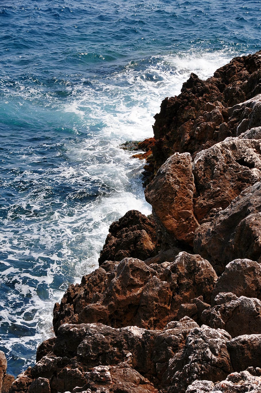 sea, storm, side, beach, rocks, roche, blue, brown, scum, south HD wallpaper