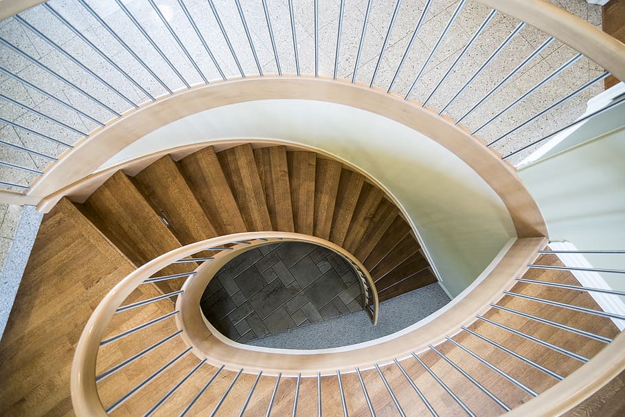 brown stairway, staircase, handrail, banister, promontory, spiral HD wallpaper