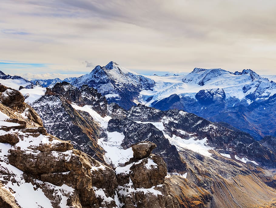 Photography of Snowy Mountains, alpine, alps, clouds, cold, environment HD wallpaper