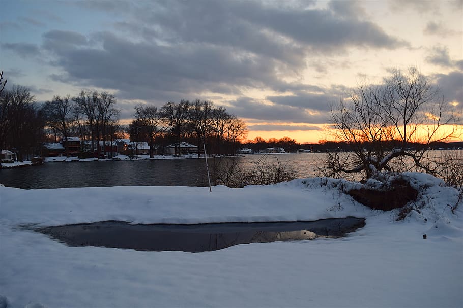 snow, winter, sunset, lake, cold, nature, landscape, clouds HD wallpaper