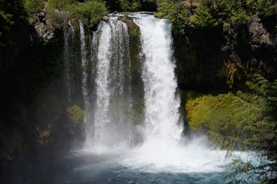 waterfalls and trees, river, outdoors, nature, plant, land, rainforest HD wallpaper