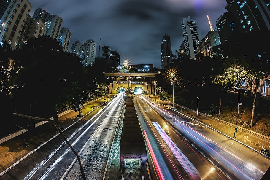 illuminated, architecture, city, motion, built structure, transportation HD wallpaper
