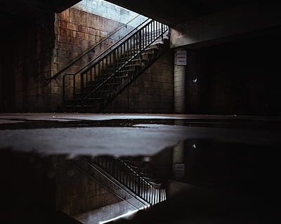 empty stairs in the building, handrail, banister, puddle, staircase HD wallpaper