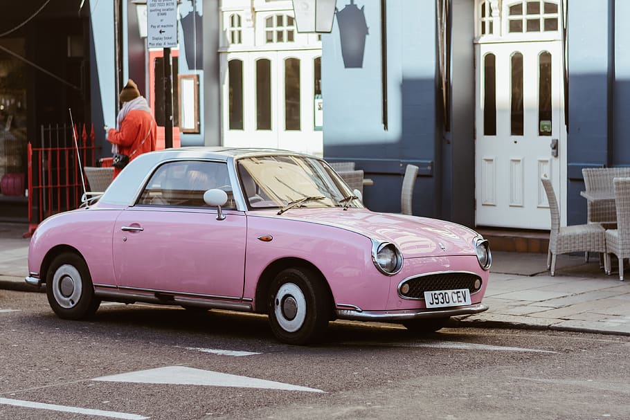 pink coupe beside building, mode of transportation, car, land vehicle HD wallpaper