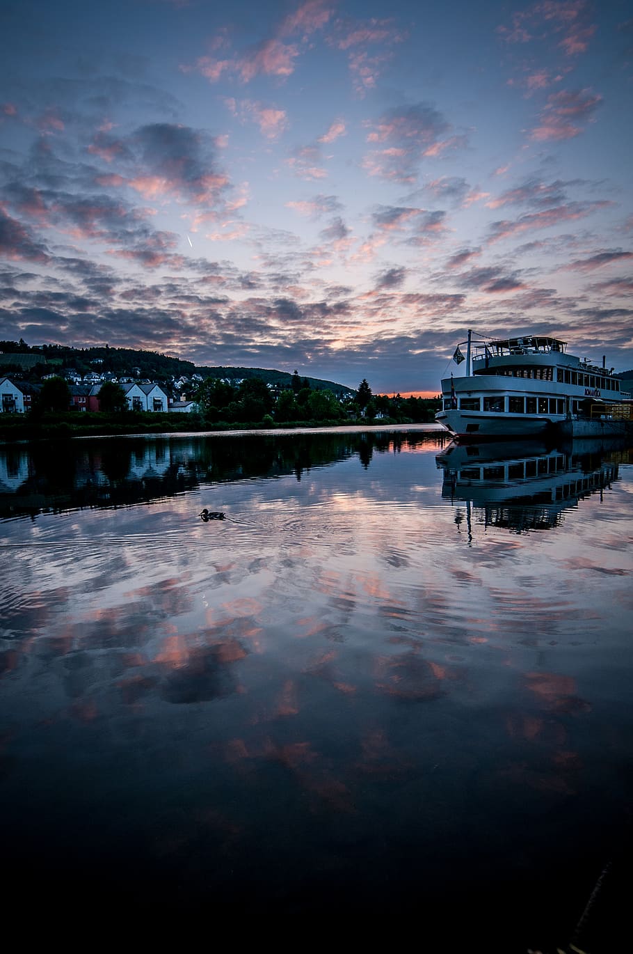 germany, bernkastel-kues, reflection, sunset, clouds, boat HD wallpaper