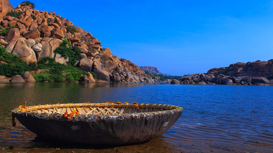 bamboo boat, culture, water, landscape, blue sky, asia, traditional, HD wallpaper