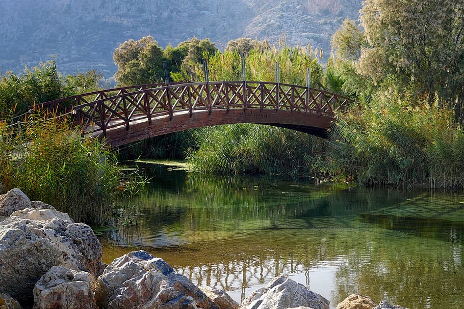 bridge, waters, nature, river, travel, tree, crete, connection HD wallpaper