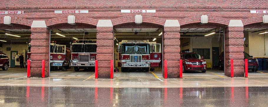 united states, grand rapids, fire truck, brick, reflection, HD wallpaper