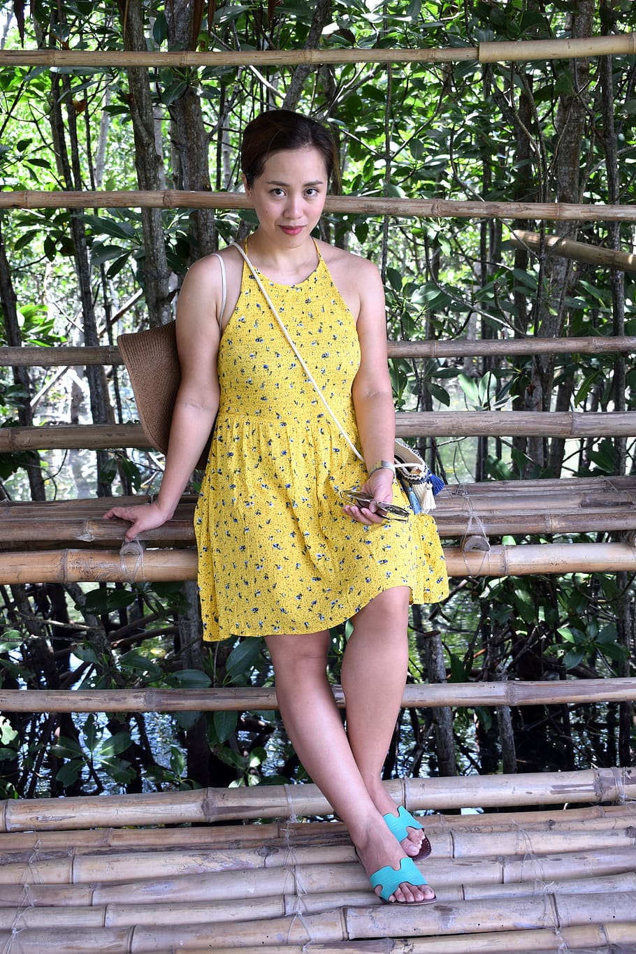 pose, beauty, style, fashion, mangroves, yellow dress, model, HD wallpaper