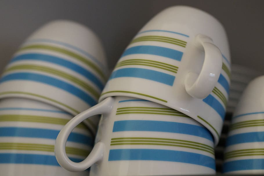 Striped Mug Lot, mugs, porcelain, stacked, indoors, close-up HD wallpaper