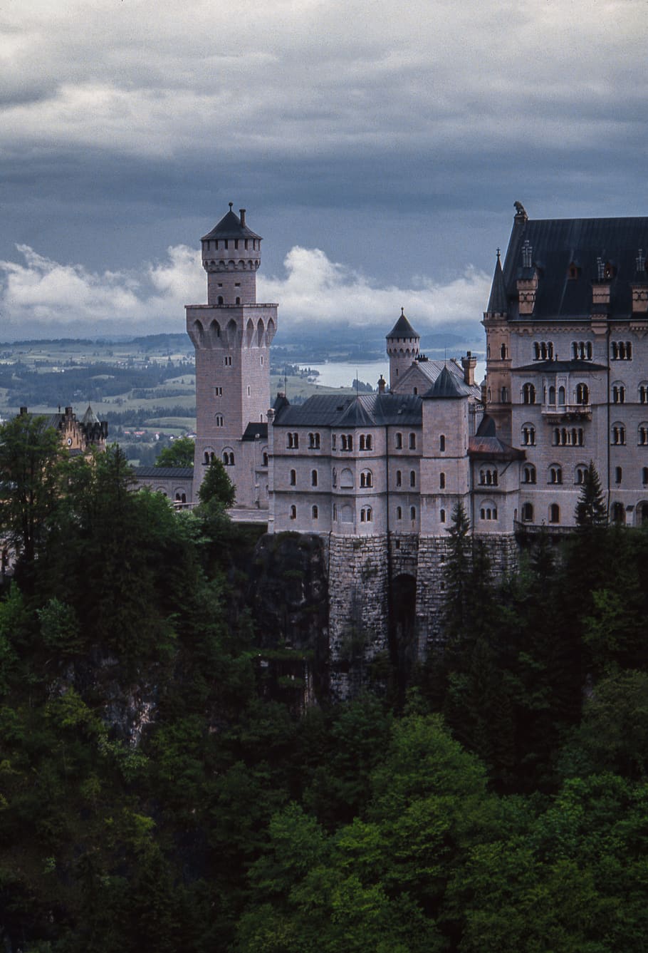 castle, green, blue, white, forest, trees, architecture, building exterior HD wallpaper