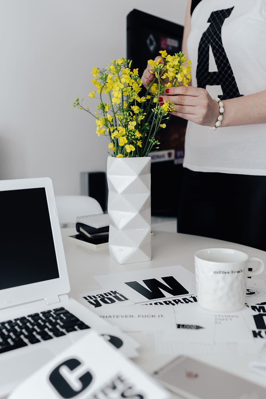 Workspace with yellow flowers, female, minimal, white, workplace HD wallpaper