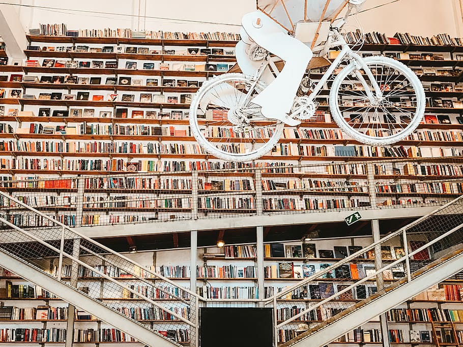 library with bicycle hanging inside, machine, wheel, transportation HD wallpaper