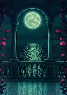 fantasy, balcony, moon, romantic, tree, moonlight, vault, antique HD wallpaper