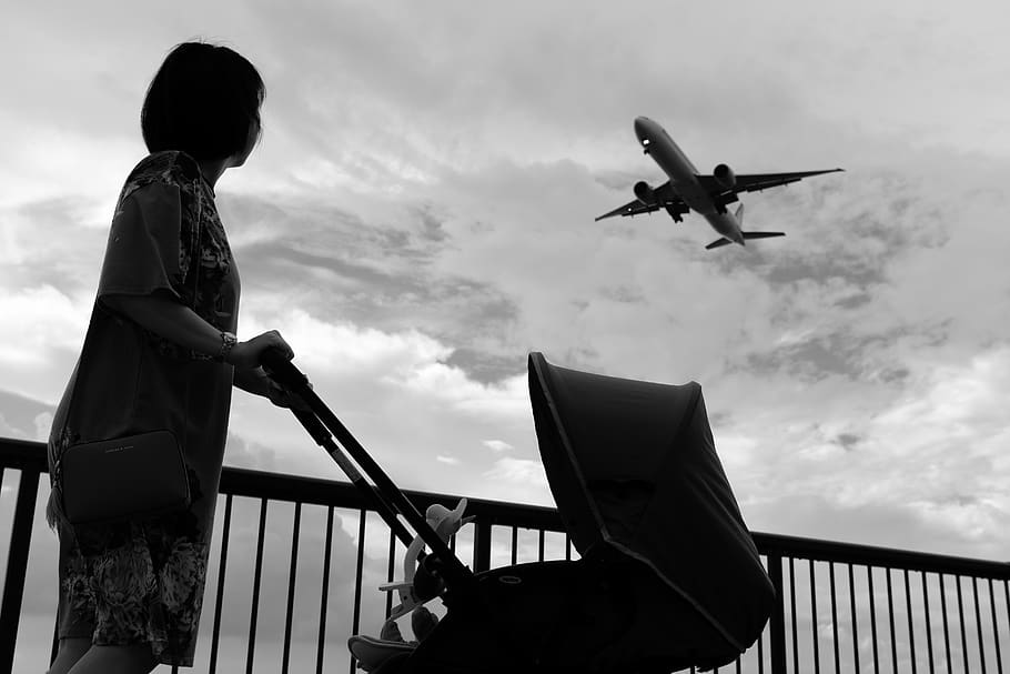 singapore, aeroplane, stroller, walk, baby, pilot, clouds, airplane