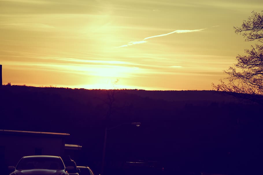 sunset, trees, forest, city, sky, cloud - sky, nature, mode of transportation HD wallpaper