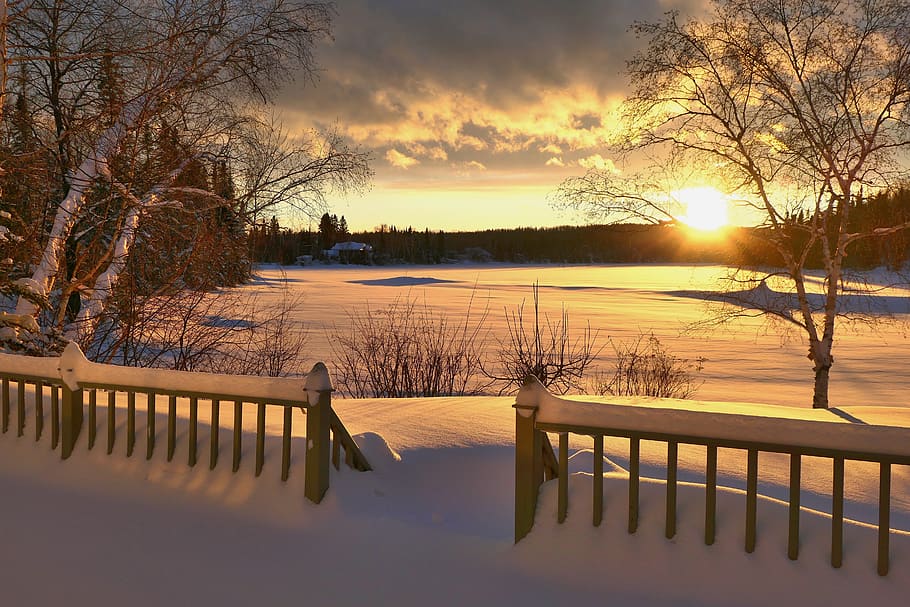 sunset, landscape, nature, snow, cold, gel, twilight, calm HD wallpaper