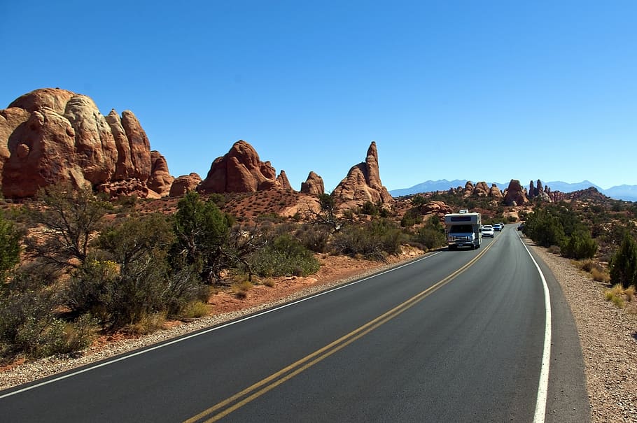 arches scenic drive, sandstone, utah, landscape, geology, rock, HD wallpaper