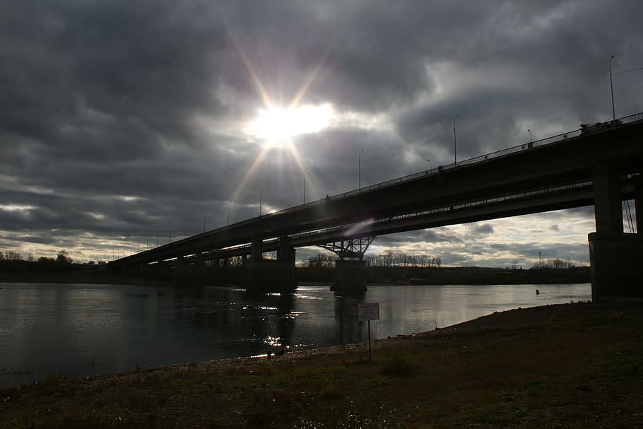 dark, bridge, scene, river, sun, water, sky, connection, built structure HD wallpaper