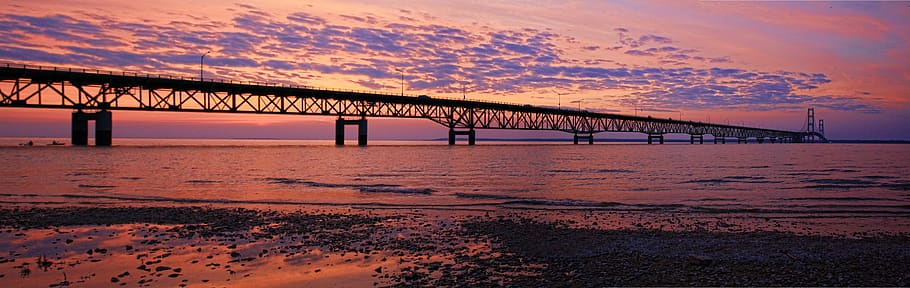 Black Metal Bridge, architecture, calm, clouds, dawn, ocean, panoramic HD wallpaper