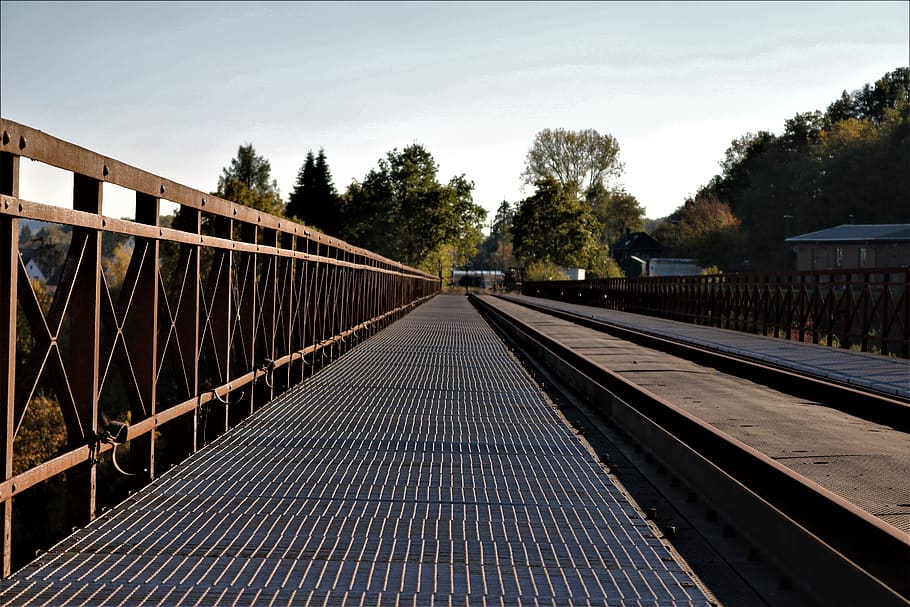 grid, railway bridge, railing, track, locomotive shed, top HD wallpaper