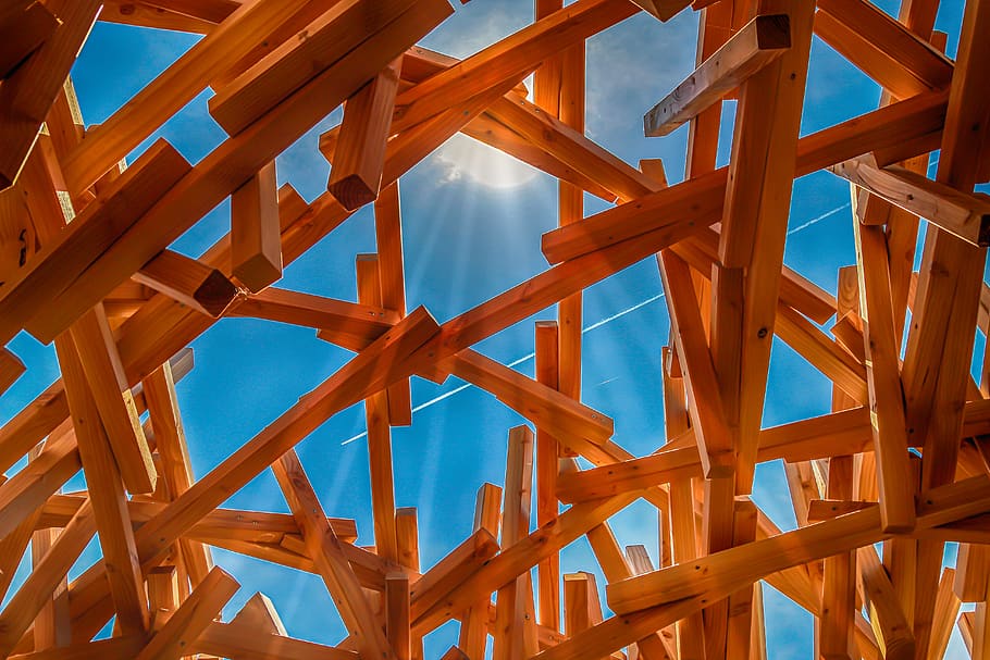 wood, scaffold, construction, backlighting, sunshine, rays HD wallpaper